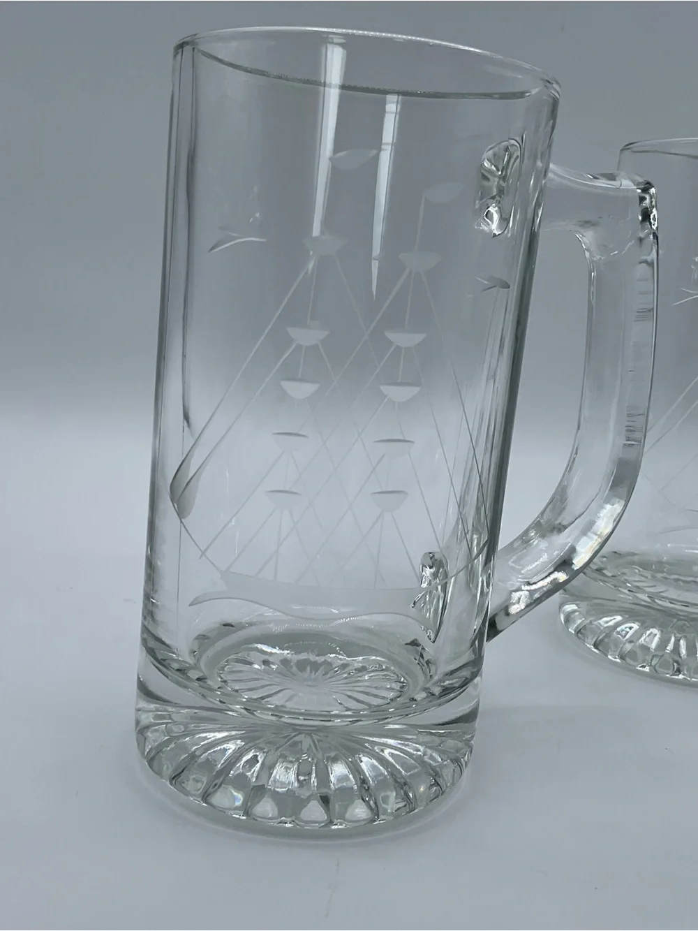 Vintage Etched Sailboat Beer Mugs Set of 4 Nautical Sailing Ship Glass Tankards